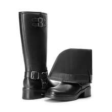 Botas Largas para Mujer, Botas de Motociclista para Dama con Punta Cuadrada - Negro - Ver 9