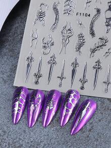 4片装Y2K哥特风美甲贴纸，3D金属金银线条朋克美甲贴花，包含荆棘藤蔓、宝剑、蝎子图案，自粘式美甲装饰，适合女性美甲用品 - 彩色 - 查看 7