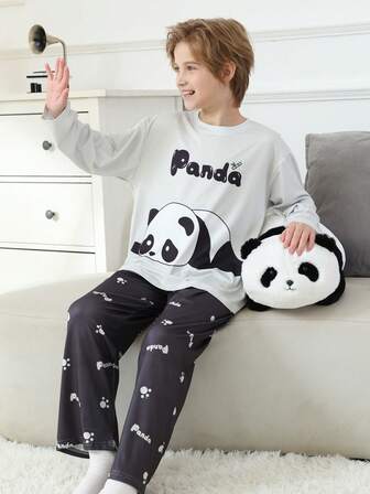 2件套幼儿男童阻燃熊猫印花拼色套头睡衣套装，秋冬