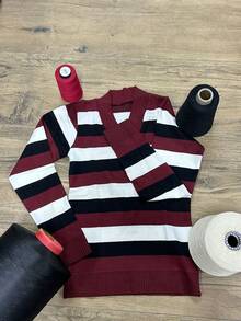 Women's Striped Sweater Top | Women's Long Sleeve Striped Top | Striped V-Neck Top - 馬薩拉黑葡萄酒 - 查看 5