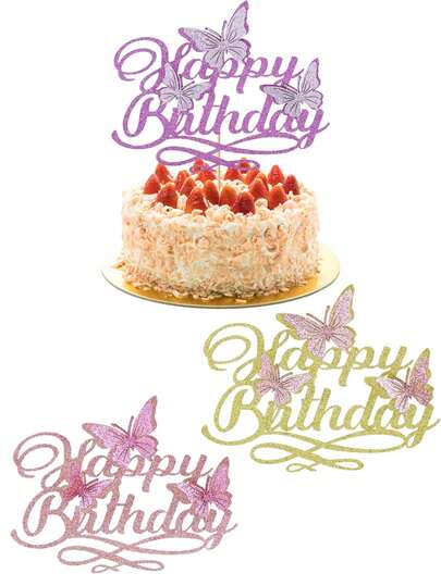 3D蝴蝶生日快乐蛋糕装饰插牌，闪亮蝴蝶生日蛋糕装饰，婴儿派对/女士生日派对用品