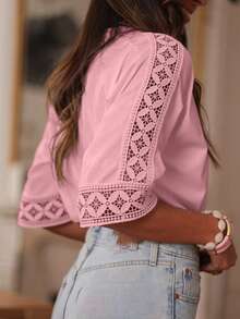 Women's Elegant Solid Color Woven Fabric Hollow Out T-Shirt, Garden & Daily Casual, Ruffle Patchwork, Spring/Summer Pink - Pink - View 6