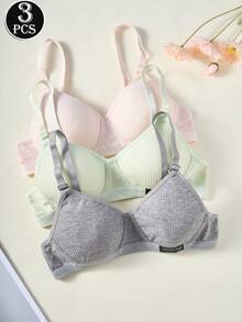 3pcs/Set Girls' Seamless Wireless Sports Bras, Letter Graphic, Adjustable Straps, Comfortable Underwear - Grey - View 1