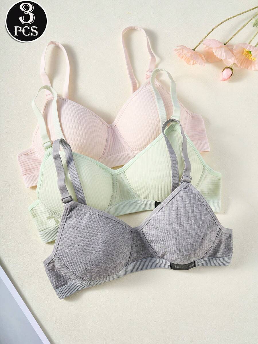 3pcs/Set Girls' Seamless Wireless Sports Bras, Letter Graphic, Adjustable Straps, Comfortable Underwear - Grey - View 1