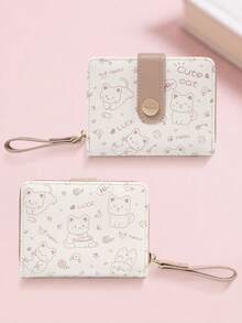 New Korean Style Folding Buckle Short Women's Wallet, Japanese Cute Cat Cartoon Integrated Card Holder, Student Bag, Zipper Coin Purse Wallet - Màu Khaki - Xem 2