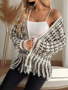 Fall Winter New Arrival Shopping Party Thick Knit Texture Retro Style Tassel Hem V‑Neck Knit Outerwear - Multicolor - View 5