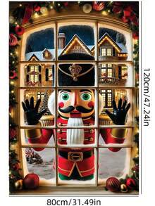 1 pièce Livre de l'histoire du Casse-Noisette rouge et or, décor de fenêtre de Noël, 80 cm * 120 cm, style fantaisie des vacances, décoration de fenêtre rectangulaire avec village enneigé, lumières scintillantes, boules de Noël, scène de nuit sous la lune, convient pour la décoration intérieure/extérieure de la maison, théâtre, fête de Noël et d'hiver