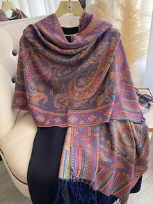 1 chiếc khăn choàng cổ giả cashmere dệt hoa văn Paisley thanh lịch dành cho nữ, khăn choàng tua rua đa năng phong cách Bohemian, phụ kiện ấm áp có thể đảo ngược cho hàng ngày, ngoài trời, du lịch - Màu tím - Xem 2