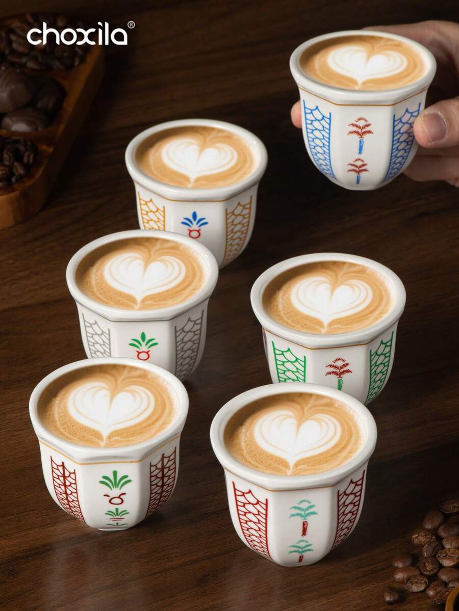 choxila 1pc Coconut Tree Pattern Ceramic Coffee Cup, Espresso Mug, Middle Eastern Arabic Cup, Tea Drinking Cup, Master's Cup, Saudi National Day Gift, Saudi Coffee Cup, 100ml – Perfect For Family Gatherings, Afternoon Tea, Camping, Bedroom, And Office Use