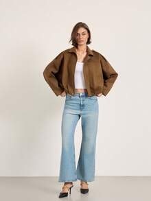 Faux Suede Lapel Loose Fit Flight Jacket - Coffee Brown - View 9