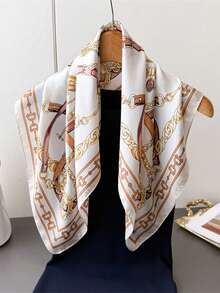 1 pieza Pañuelo cuadrado de seda sintética con cadena metálica, pañuelo para el cuello de mujer, esencial para primavera/verano, se puede usar como corbata para el pelo, accesorio para el cabello, pañuelo de cuello de moda