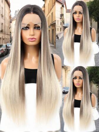 13x4 Synthetic Blonde Straight Lace Front Wigs Gradient Synthetic Long Layered Pre Plucked Heat-Resistant Wig For Fashion Women Daily Use 26Inch