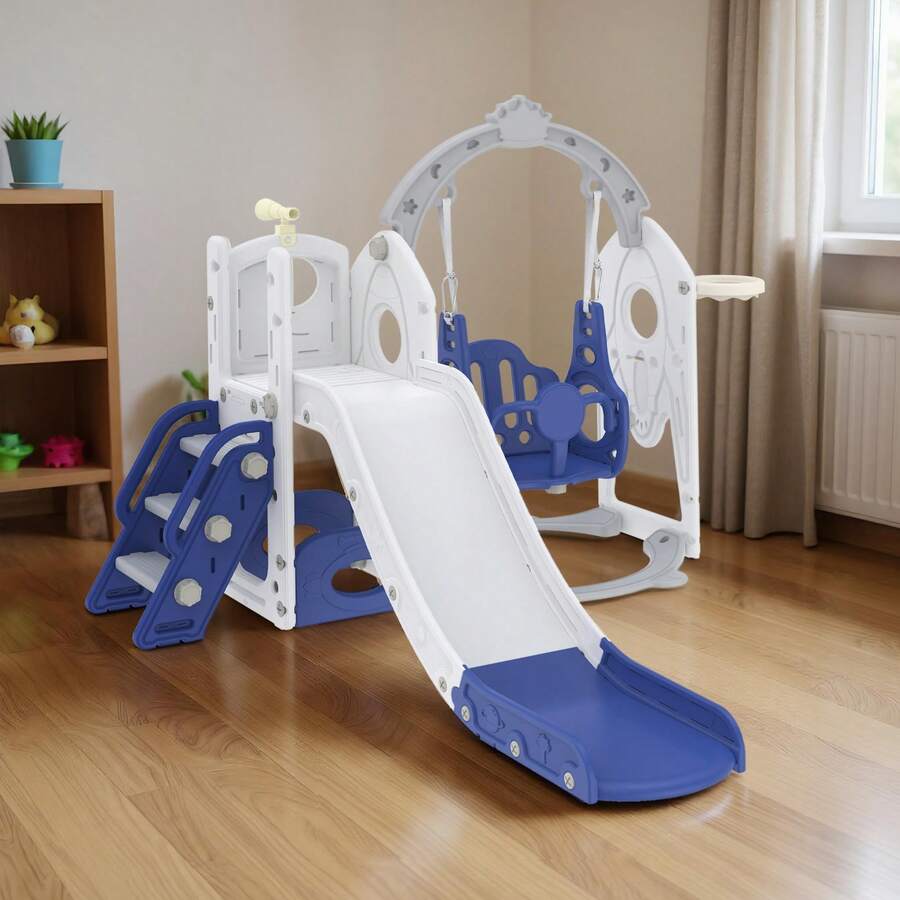 LILIIN 6-In-1 Children's Slide For Toddlers From 1 Year, Indoor And Outdoor, Freestanding Slide Made Of HDPE & PP, With Swing, Climbing Ladder, Storage Space, Basketball Hoop And Play Telescope, Up To 50 Kg - Blue and White - View 1
