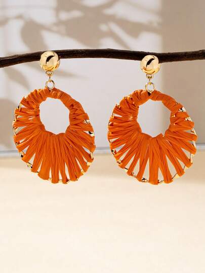 2pcs Fashionable Exaggerated Rattan Woven Hoop Earrings For Women, Handmade Large Size Earrings, Suitable For Vacation, Festivals, Street Style And Daily Wear