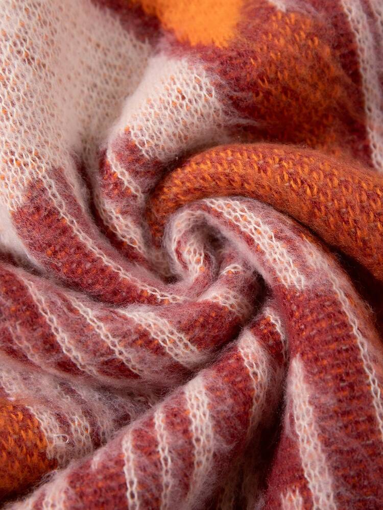 男女皆宜的蓬松抽象几何图案提花针织套头毛衣，休闲学院风，适合春、秋、冬三季穿着，长袖上衣 - 橘色 - 查看 9