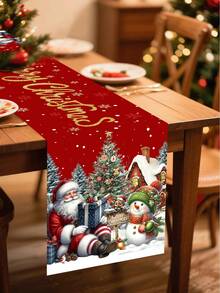 1pc Rustic Christmas Table Runner 35x180cm Santa Claus&Snowman Pattern Polyester Table Cover For Indoor/Outdoor Christmas Parties Supplies, Events, Festive Kitchen Dining Room Table Decorations Merry Christmas Decor 2025 Farmhouse Home Decor - Multicolor - View 7