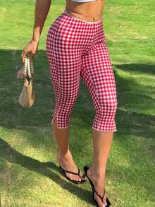 Women's Retro Skinny Fit Gingham Capri Pants With Delicate Lace Trim Side Slit Comfortable Cropped Trousers For Casual Daily Outfits - 紅色 - 查看 5