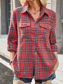 女士法兰绒格子口袋长袖舒适棉混纺衬衫，休闲百搭，适合外出、周末、学院风、通勤等场合。翻领纽扣衬衫，适合秋冬季、圣诞节、新年派对、女士圣诞装扮。 - 紅色 - 查看 5