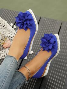 1 Pair Navy Pearl Linen Lotus Thick Platform Pointed Toe Slip-On Casual Comfortable Non-Slip Loafers, Versatile Women Shoes Suitable For Halloween, Sports, Casual, Home, Office, Party, Wedding, All Seasons