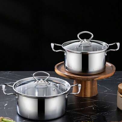 1 pezzo Pentola in acciaio inossidabile con coperchio in vetro trasparente, pentola piccola spessa adatta per 1-2 persone, adatta per uso domestico o buffet singolo