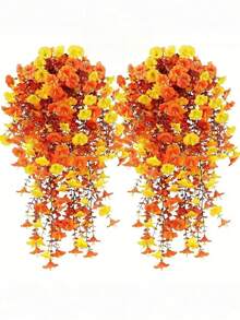 4pcs/2pcs/1pc Artificial Hanging Flower Plants Yellow And Orange For Outdoor Decoration, Simulation Silk Morning Glory With Eucalyptus UV Resistant Lifelike Vines, Suitable For Wall, Home Porch, Patio, Balcony, Courtyard Indoor Decoration, Halloween Decoration, Fall Decoration