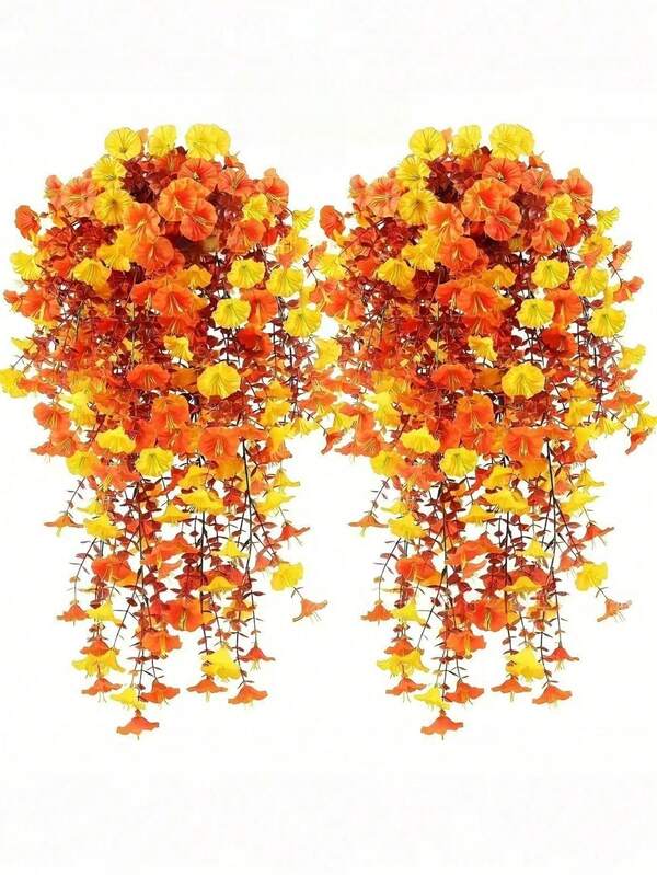 4pcs/2pcs/1pc Artificial Hanging Flower Plants Yellow And Orange For Outdoor Decoration, Simulation Silk Morning Glory With Eucalyptus UV Resistant Lifelike Vines, Suitable For Wall, Home Porch, Patio, Balcony, Courtyard Indoor Decoration, Halloween Decoration, Fall Decoration