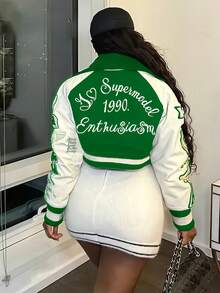 CharmGlow NY Graphic Bomber Jacket, Sexy Cropped Style, Color Block Lapel - màu xanh lá - Xem 3