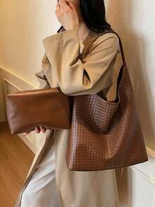 1pc (13.4in*12.2in*3.9in) Fashionable Women's Shoulder Bag, Handbag, Large Capacity, PU Material Scratch & Wear Resistant, Suitable For Shopping, Dating, Outing, Work Commute, Can Be Used Separately As Inner Liner, Elegant Minimalist Casual Chic Shoulder Bag