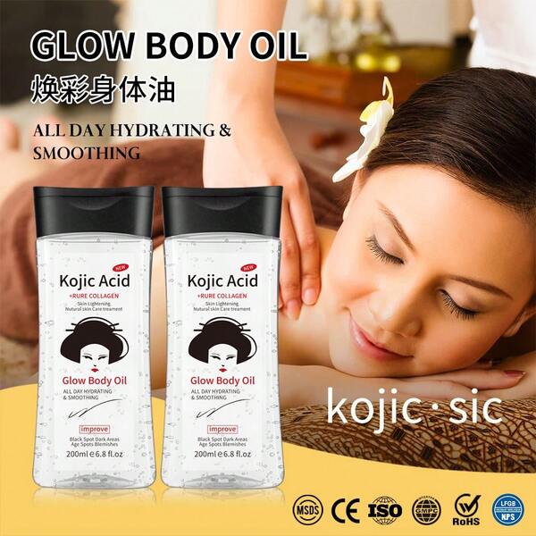 Kojic Acid/Vitamin B3 Glow Body Massage Oil, With Collagen 24 Hours Hydrationg Smoothing Body Skin Relieve Fatigue Brighten Dark Spots Area 6.8 FL.OZ