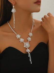 3 Stücke Braut Blumen Quasten Halskette und Ohrringe Schmuckset, eleganter Stil für Hochzeit und Bankett