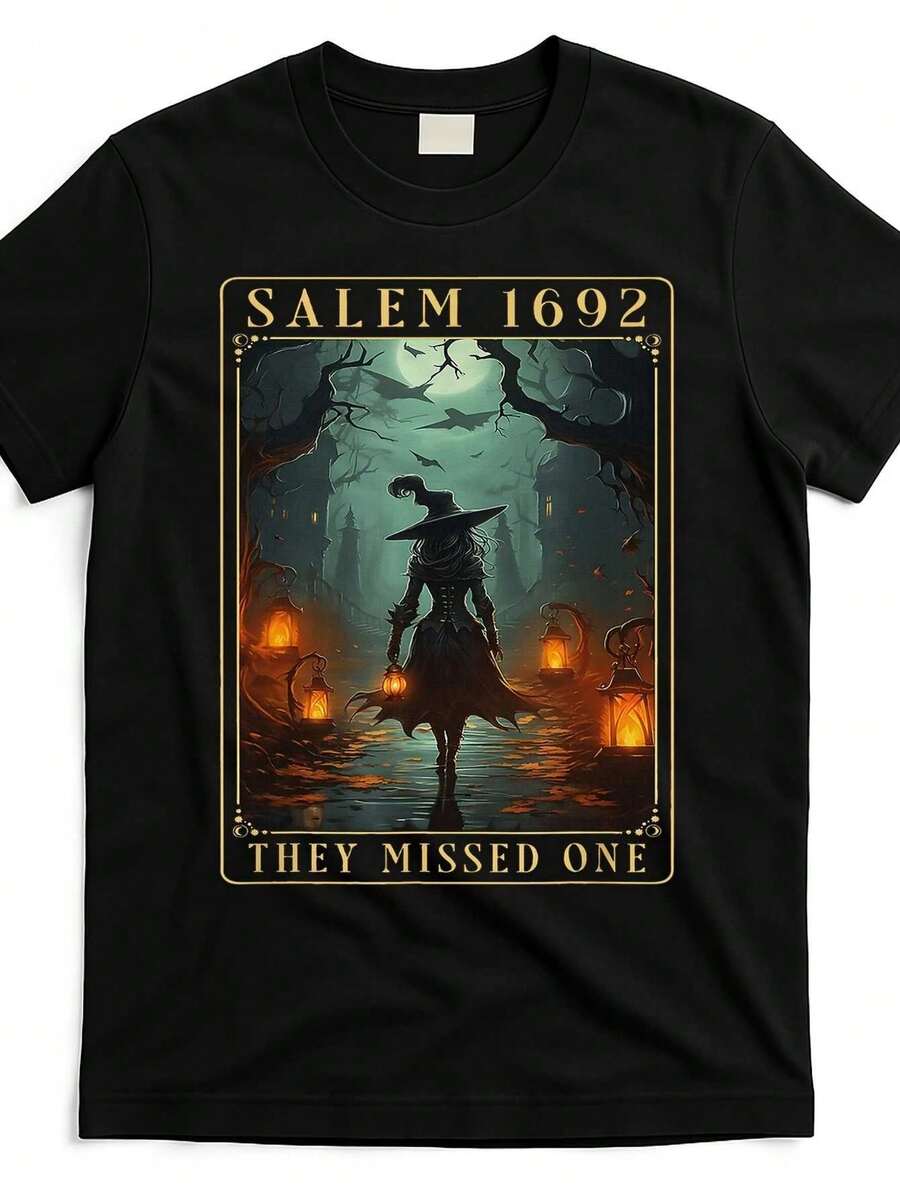 [Salem 1692 Witch Trials Tee] Cotton Salem 1692 They Missed One Halloween Witch Trials Women's Tee | Comfortable Round Neck Street Trending Style | Same Gender Design And Sleeves Men's T Shirts - 黑色 - 查看 1