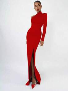 Christmas Women's Fashion Spring Summer Sexy Elegant Red Long Sleeve One Shoulder Long Bodycon Dress Party Cocktail Evening Dress Clothes - Red - View 8