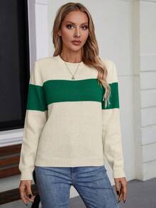 Suéter feminino listrado de malha com contraste de cores, uso diário, outono/inverno