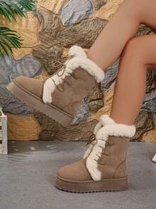 青少年平底厚款保暖雪地靴，交叉鞋带和人造毛皮饰边，冬季靴子 - 卡其色 - 查看 4