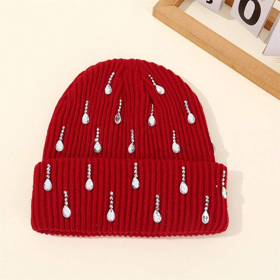Gorro de punto con adornos de diamantes de imitación para mujer, gorro cálido de invierno para ir de compras al aire libre, citas y esquí. - Burdeos - Ver 1