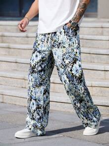 Men's Casual Fashion Versatile Street Style Hip-Hop Loose Floral Print Wide Leg Casual Pants - 藍色 - 查看 5