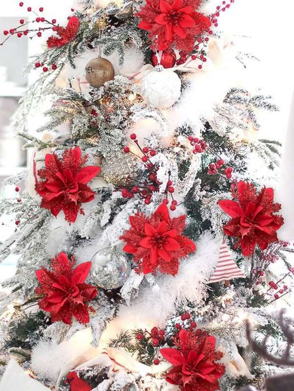 1/10pcs 5.9in Multi-Color Christmas Flowers, Artificial Poinsettia Flowers With Clips, DIY Wreath, Home Decor, Wedding Party, Christmas Gift Decoration, Christmas & New Year Holiday Decoration, Christmas Ornaments, Glitter Artificial Christmas Flowers Christmas Decorations Room Decor