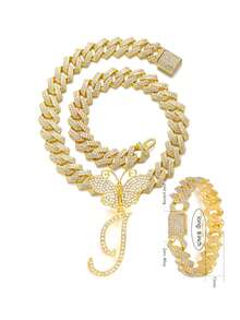 银色女士项链 A-Z 首字母个性化嘻哈经典蝴蝶字母吊坠链项链和手链套装饰物 26 个幸运字母，适合男女日常佩戴情人节时尚珠宝礼物，妈妈，母亲，母亲节，礼物 - 蝴蝶型 - 查看 32