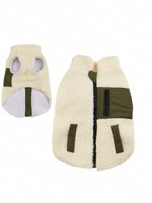 1pc Beige Fleece Lambswool Zipper Pocket Patchwork Pet Jacket Suitable For Cats/Small Dogs Autumn Winter Outdoor Warm Coat - Beige - View 15