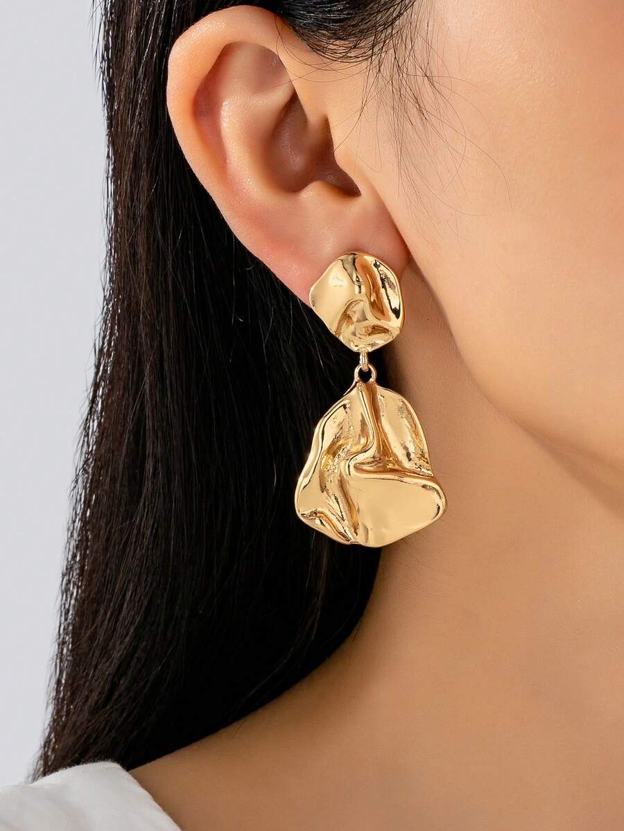 1 Đôi bông tai bất đối xứng họa tiết thời trang, phong cách tối giản, đa năng, thích hợp đeo hàng ngày - Vàng - Xem 1