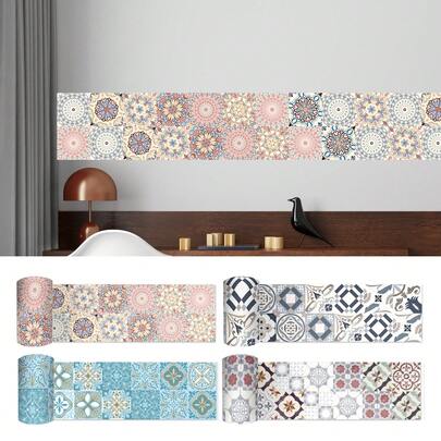 1 Roll PVC Tile Home Decor Wallpaper, Self-Adhesive Removable Bohemian Ceramic Decals, European Mandala Pattern Wall Stickers, Vintage Brown-Green-Pink-Blue Striped Border In Multiple Sizes (3.94/5.91/7.87/11.8 X 78.7 Inches). Dual-Purpose Wall And Floor Wallpaper, Vintage-Style Home Decor Suitable For Wall Decoration, Indoor DIY, Kitchen, Bathroom, Laundry Room, Fireplace And Other Room Decoration