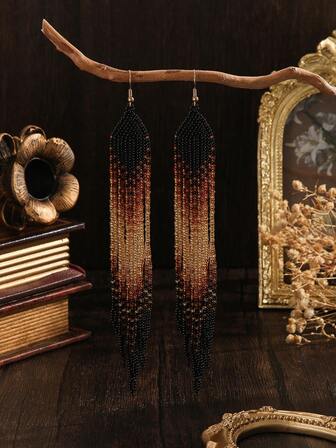 一对时尚夸张波西米亚串珠流苏耳环