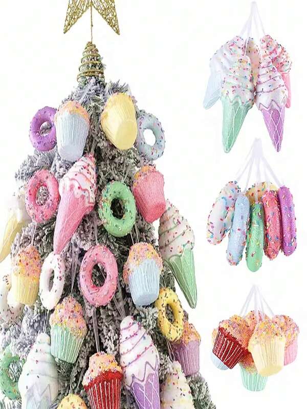 5/6pcs Ice Cream Donut Cupcake Christmas Ornaments Set, Macaron Colorful Dessert Ice Cream Donut Cupcake Pendant, Christmas Tree Hanging Candy Ornament Decoration For Xmas New Year Birthday Home Party Supplies