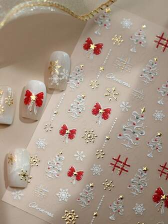 1 件闪亮金箔圣诞树蝴蝶结指甲贴纸 5D 浮雕雪花星星图案奢华假日魅力冬季美甲艺术自粘美甲贴花