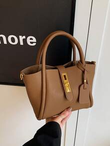 Bolso de cesta de moda para mujer, adecuado para salir, citas, ir al trabajo, puede contener cuaderno, cosméticos, billetera, teléfono, bolso de hombro con decoración de candado, estilo elegante para señoritas jóvenes