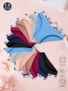 14 Pcs Fashion "LOVE" Letter Design  Underwear Women,Sexy Low-Waist  Women's Panties ,Fashion Solid Color Lingerie For Women ,Comfortable Sports Shorts Lingerie ,Ropa Interior Para Mujeres - 彩色 - 查看 2