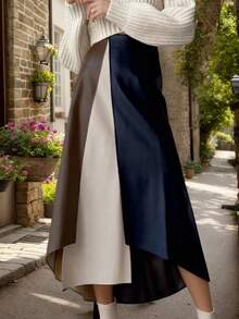 1 pieza Falda asimétrica/asimétrica de cintura alta elástica de cuero PU con bloque de color y parche, elegante y casual para fiesta, formal, cóctel, vacaciones, oficina, uso diario, primavera/otoño/invierno