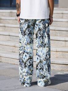 Men's Casual Fashion Versatile Street Style Hip-Hop Loose Floral Print Wide Leg Casual Pants - 藍色 - 查看 2