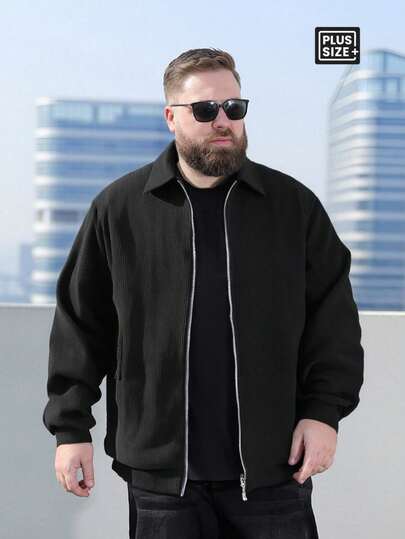 加大码男士休闲夹克，采用柔软灯芯绒面料，衬衫领设计，适合户外、旅行和日常穿着，黑色。