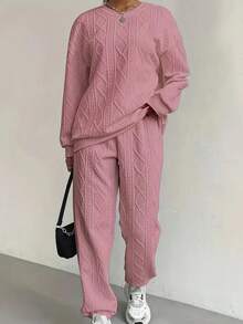 Relaxed Texture Pullover Pants, Long-Sleeved Round-Neck Sportswear And Jogging Pants Combination, Women's Clothing, High-Quality Textured Casual Pullover Set, Releasing A Sense Of Relaxation And Ease - Hồng - Xem 2